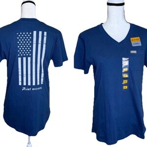Ariat Rebar Work Navy Blue Women’s V-Neck Tee Shirt Top Flag Design Pocket NEW